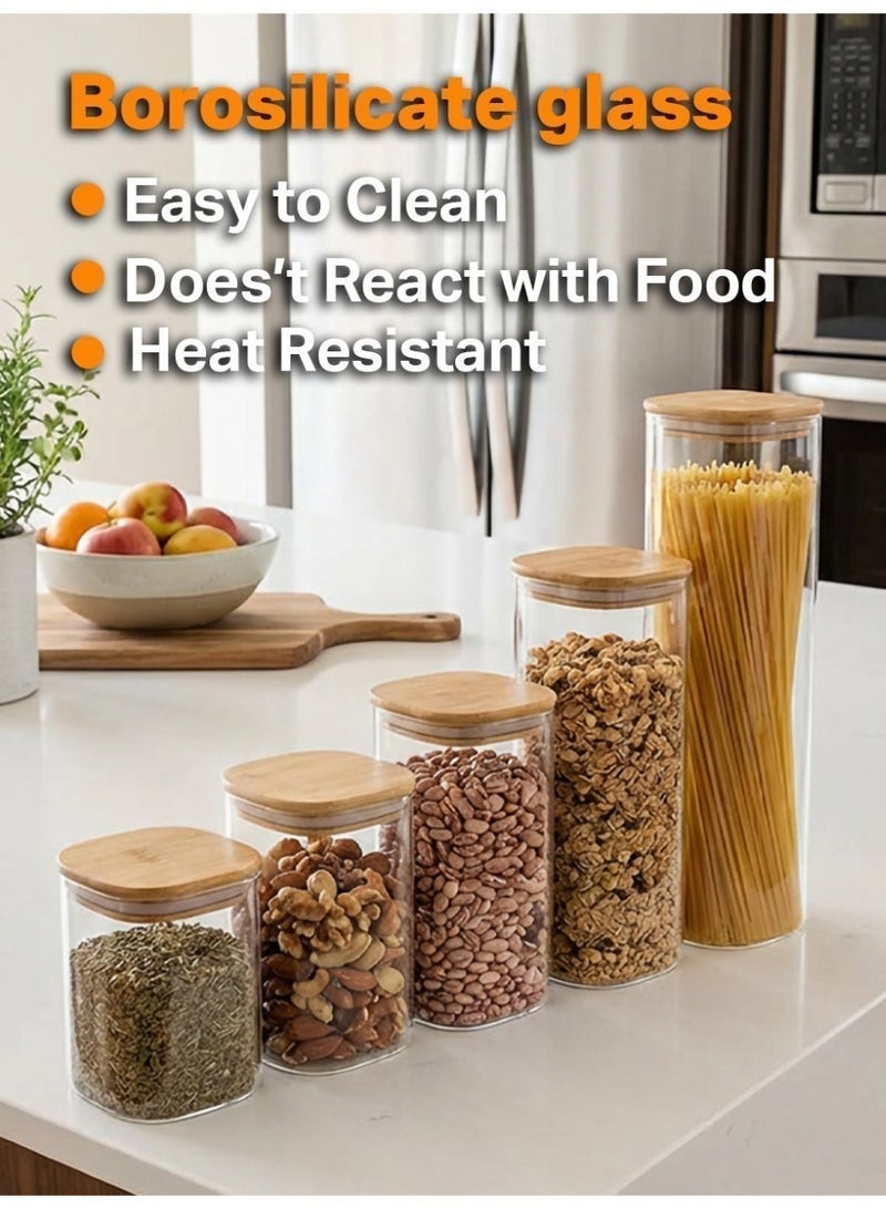 ياهـ مجموعة مرطبانات زجاجية فاخرة محكمة الإغلاق من ياه، من خمس قطع - حاويات تخزين مربعة فائقة الشفافية من البورسليكات بأغطية من الخيزران | علب تخزين مقاومة للرطوبة للأرز والحبوب والوجبات الخفيفة - Image 4